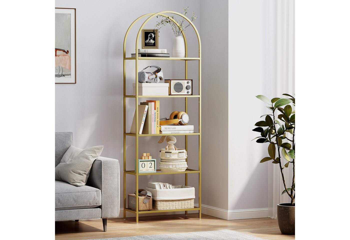 MC Star Bücherregal 5-stufiges, gewölbtes Glasregal für Wohnzimmer, Büro, Schlafzimmer, 60 x 30 x 175 cm, Gold – Bild 3 von 5