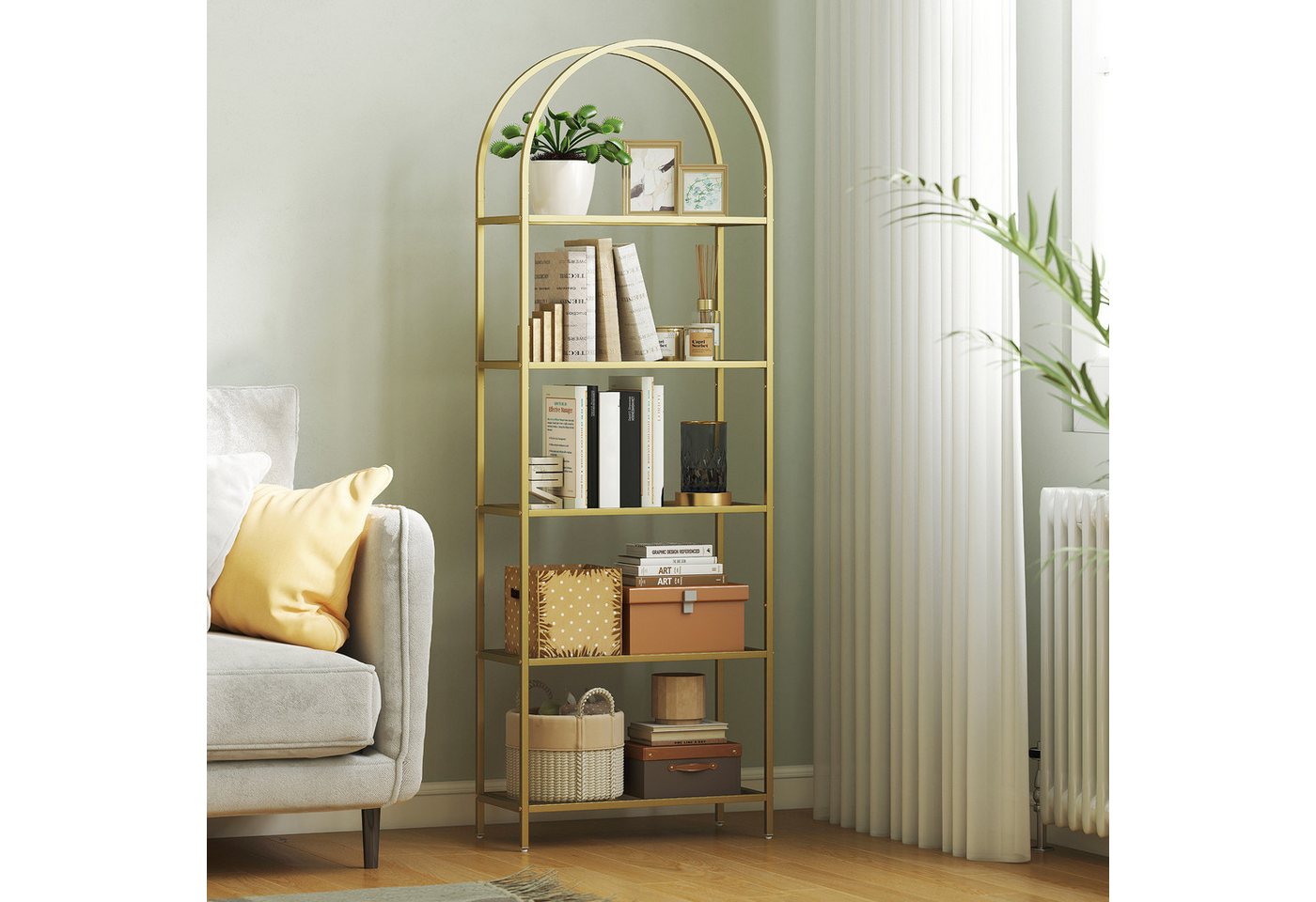 MC Star Bücherregal 5-stufiges, gewölbtes Glasregal für Wohnzimmer, Büro, Schlafzimmer, 60 x 30 x 175 cm, Gold – Bild 4 von 5
