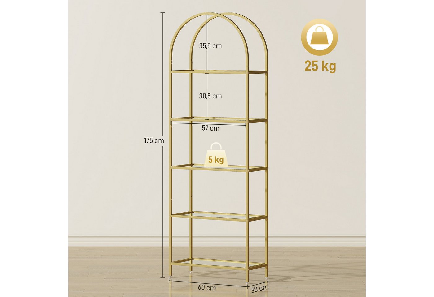 MC Star Bücherregal 5-stufiges, gewölbtes Glasregal für Wohnzimmer, Büro, Schlafzimmer, 60 x 30 x 175 cm, Gold – Bild 5 von 5