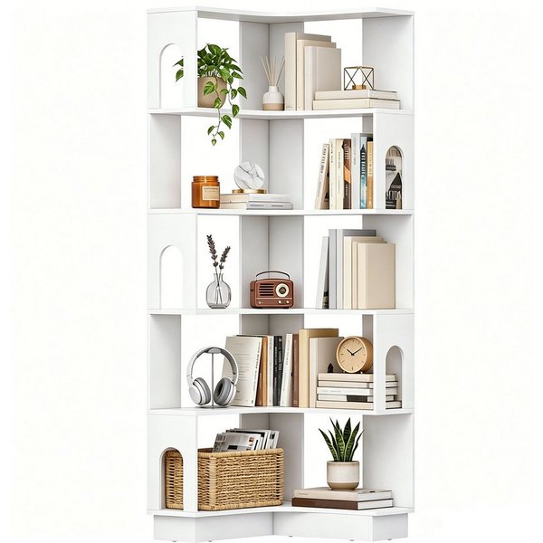 MC Star Bücherregal Eckregal, 6-stufige Ablage mit gebogenen Seitenwänden, 60 x 60 x 165,5 cm, weiß