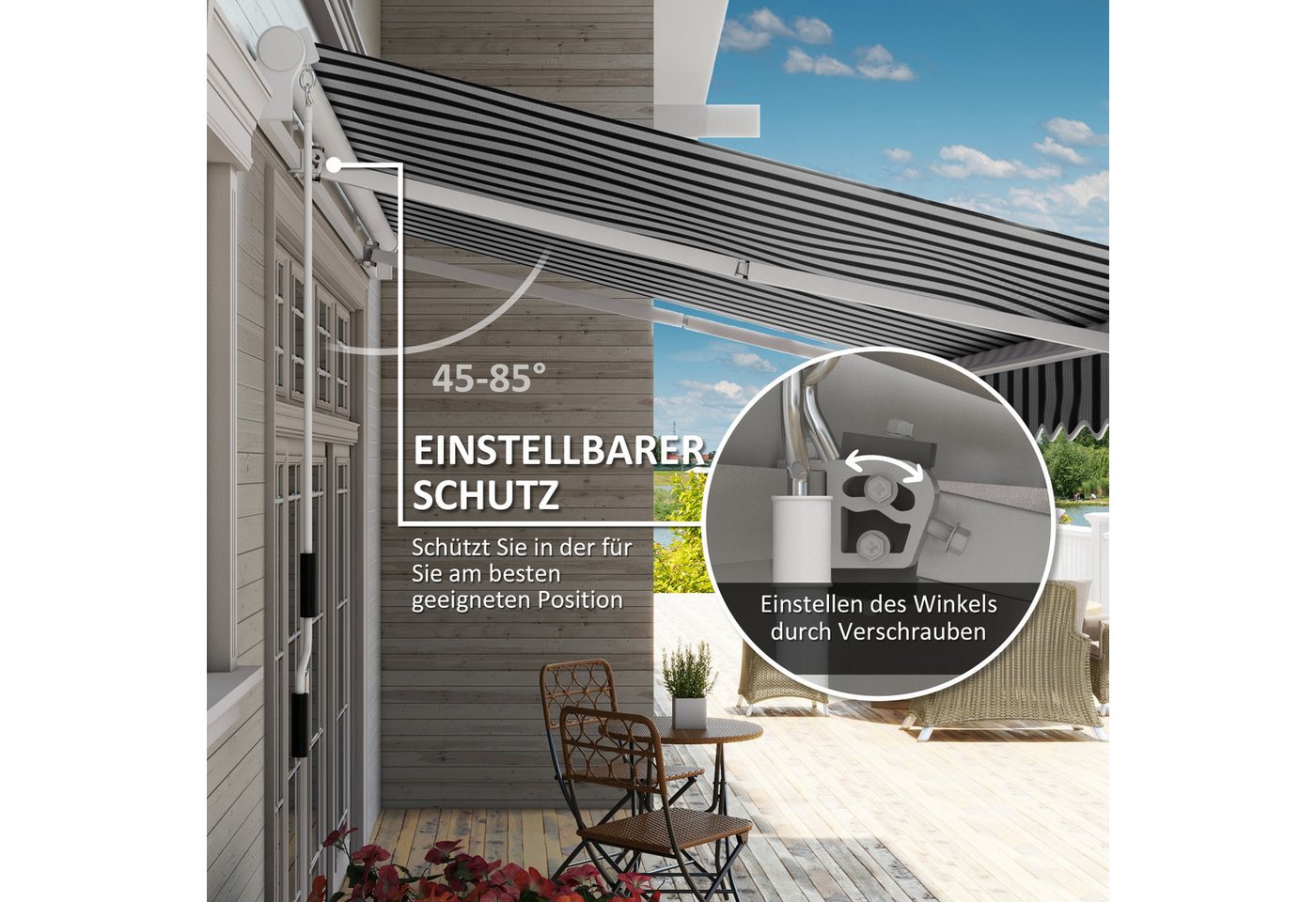 MC Star Gelenkarmmarkise Balkonmarkise, 3,95x2,45x3,50 m, UV-beständig, für alle Oberflächen (mit Handkurbel, Alu, Polyester, Weiß+Blau) – Bild 3 von 5