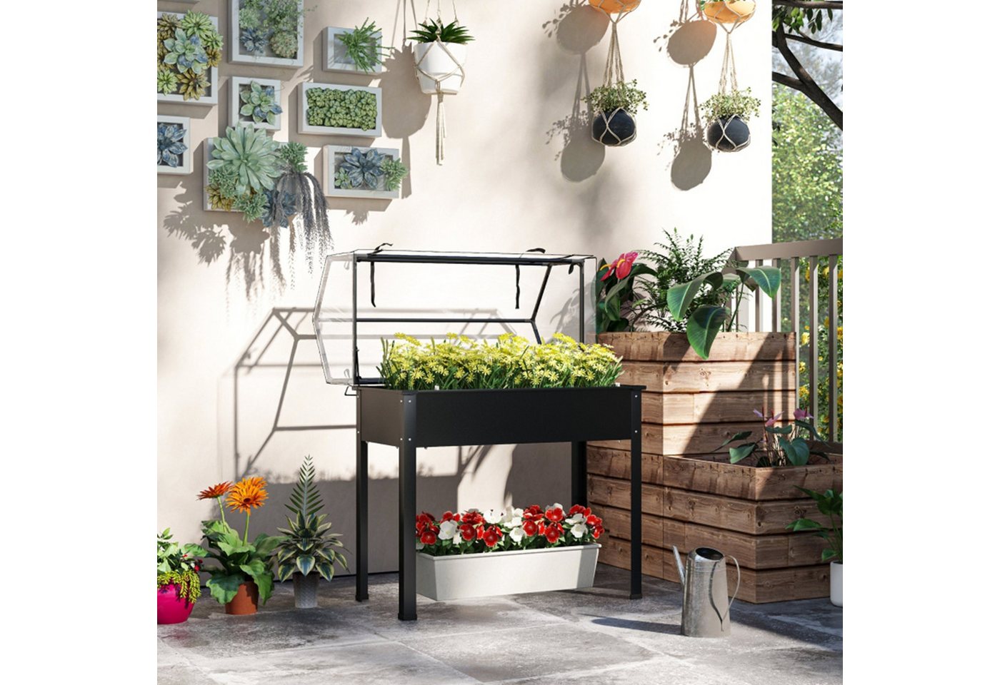 MC Star Hochbeet Hochbeet mit Gewächshaus-Dach, Erhöhte Pflanzenbox mit Ablauflöchern (100 x 48 x 124 cm, Schwarz) – Bild 2 von 5