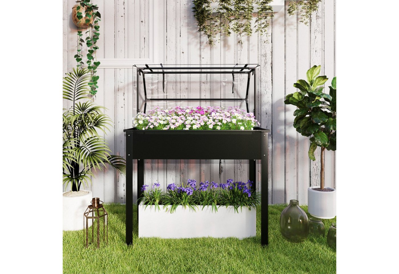 MC Star Hochbeet Hochbeet mit Gewächshaus-Dach, Erhöhte Pflanzenbox mit Ablauflöchern (100 x 48 x 124 cm, Schwarz) – Bild 5 von 5