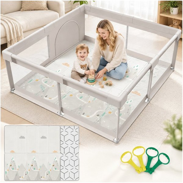MC Star Laufgitter mit Matte 150x150 cm, Laufstall Baby mit Matratze (Sicher und Geräumig für die Wohnung, Rutschfeste Basis, Atmungsaktives Netzdesign (150X150