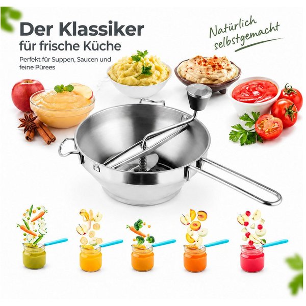 MC Star Passiersieb Passiergerät aus Edelstahl mit 3X Siebeinsatz passiermühle für Suppe