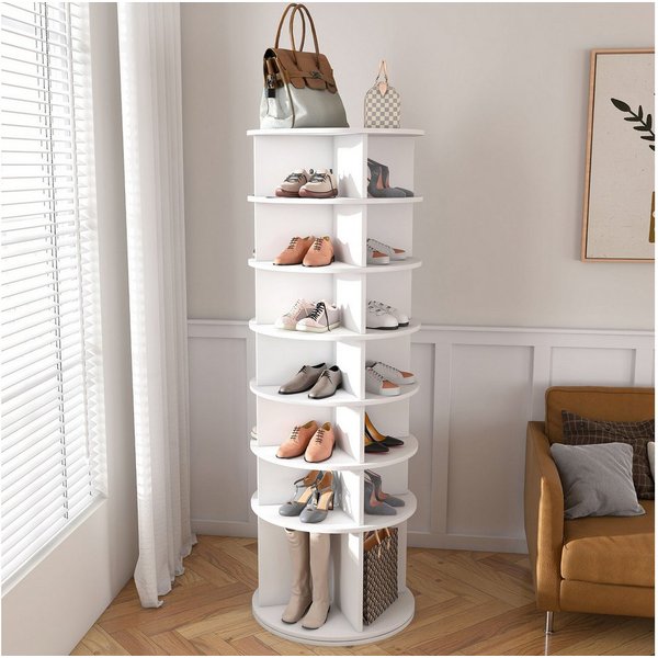 MC Star Schuhregal Drehbares mit 360° Drehfunktion, freistehend, platzsparend für bis zu 28 Paar Schuhe, Höhenbasis für Stiefel, weiß (60 × 60 × 184 cm), 7 Eben