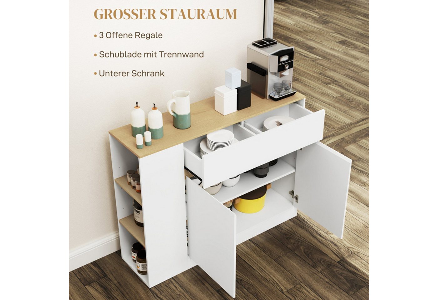 MC Star Sideboard Küchenschrank mit Schublade, verstellbare Ablage, Aufbewahrungsschrank (mit Kippschutz, Beistellschrank für Küche, Esszimmer, 105 x 30 x 81,5  – Bild 4 von 5