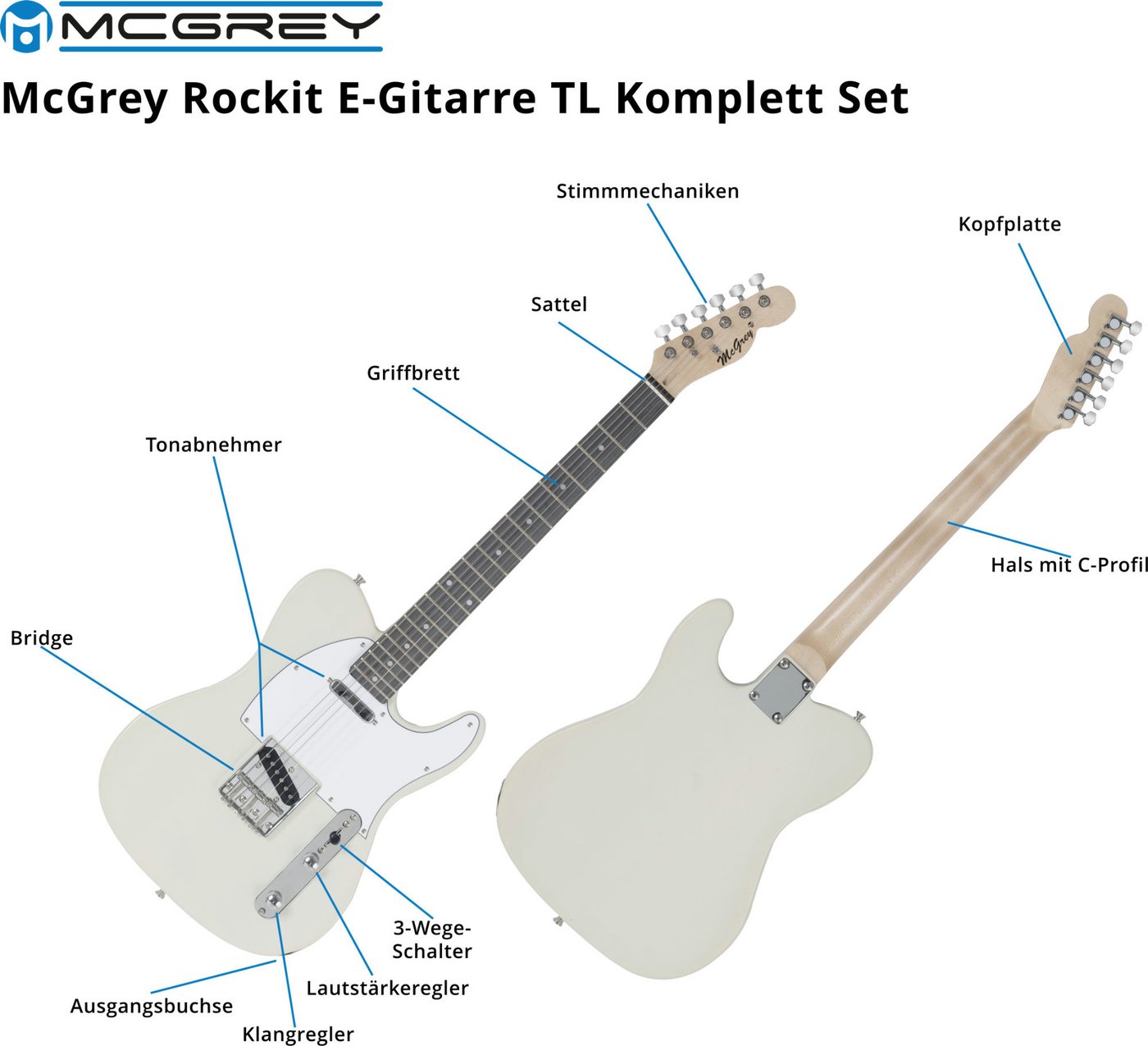 McGrey E-Gitarre Rockit elektrische Gitarre, TL-Style, Komplettset 4/4, 8-St., inkl. Verstärker, Tasche, Stimmgerät, Plektren, Gurt und Kabel, 10 Watt (RMS) Git – Bild 4 von 5