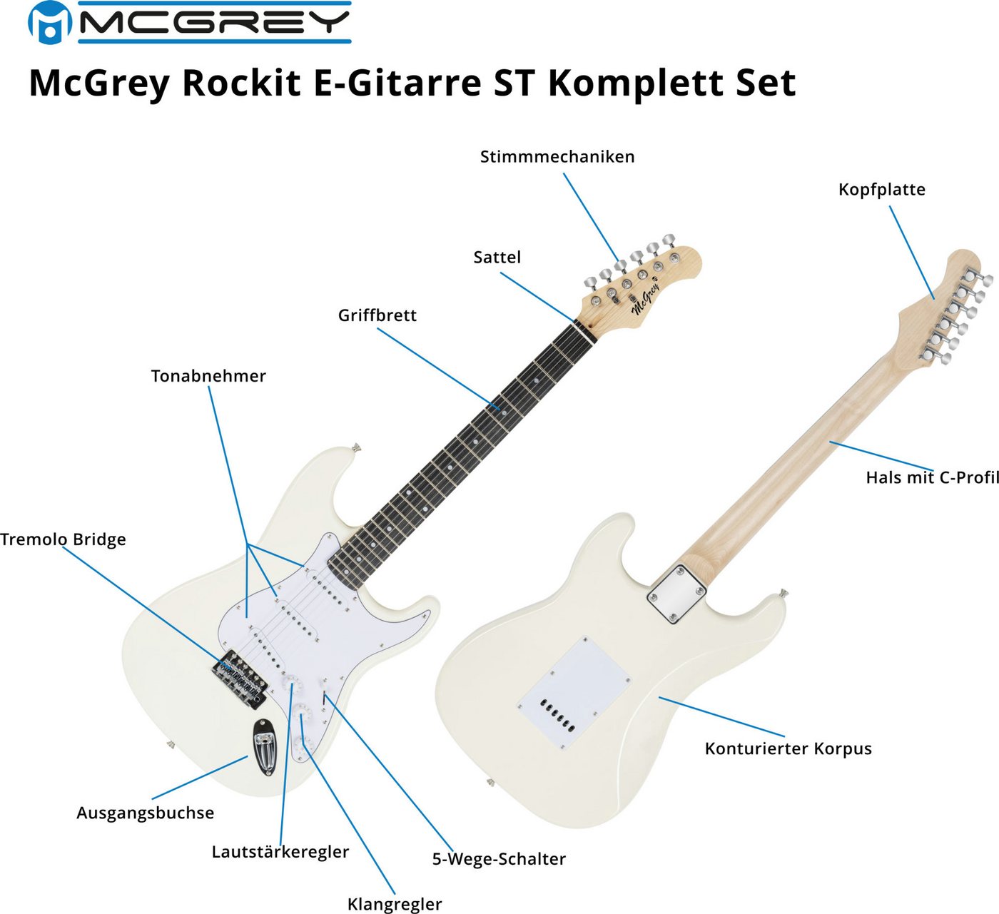 McGrey E-Gitarre Rockit elektrische Gitarre, ST-Style, Komplettset 4/4, 8-St., inkl. Verstärker, Tasche, Stimmgerät, Plektren, Gurt und Kabel, 10 Watt (RMS) Git – Bild 4 von 5