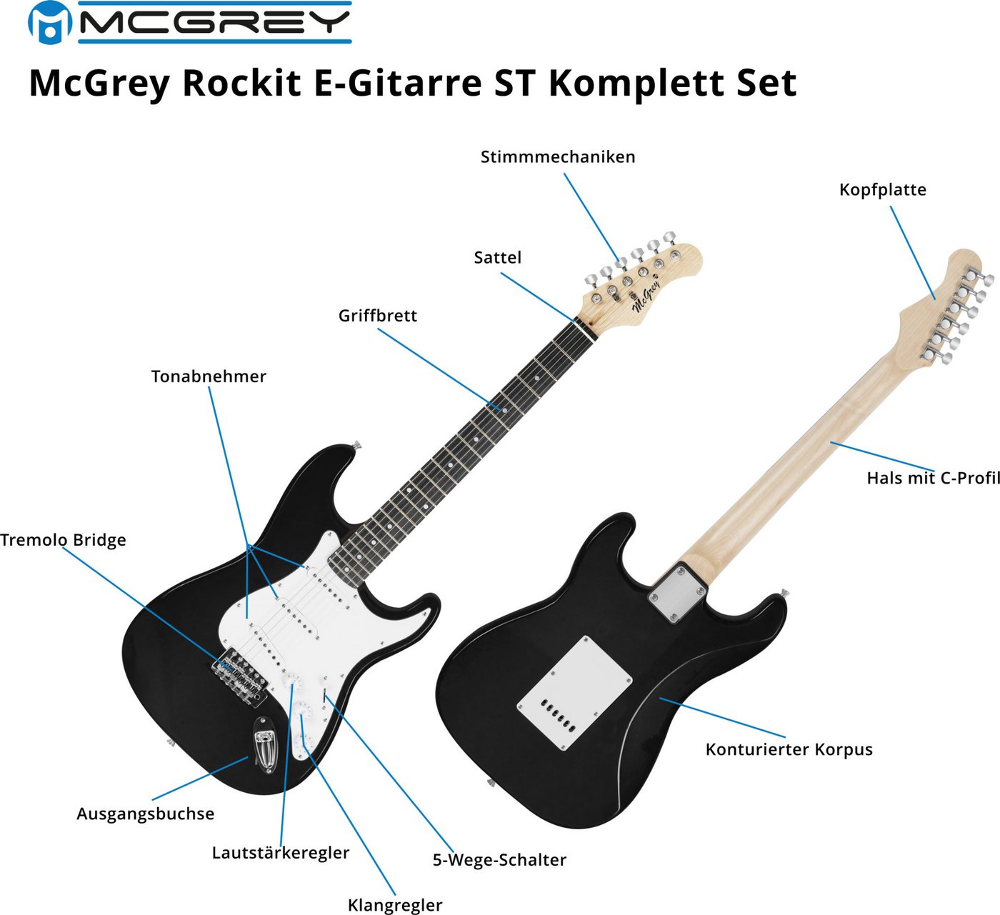 McGrey E-Gitarre Rockit elektrische Gitarre, ST-Style, Komplettset 4/4, 8-St., inkl. Verstärker, Tasche, Stimmgerät, Plektren, Gurt und Kabel, 10 Watt (RMS) Git – Bild 4 von 5