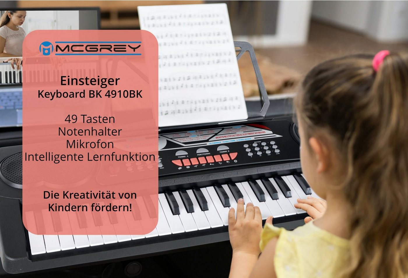 McGrey Home-Keyboard BK-4910 Einsteigerkeyboard mit 49 Tasten und Kopfhörer (Spar-Set, inkl. Mikrofon, Kopfhörer & Notenständer), mit 16 Sounds, 10 Rhythmen und – Bild 2 von 5