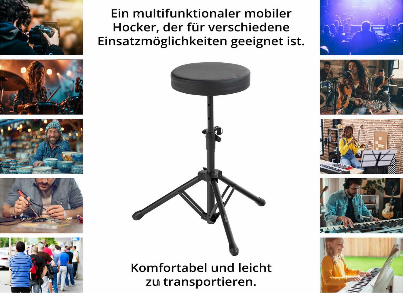 McGrey Sitzhocker KD-10 Hocker - Vielseitiger Musik- und Allzweckhocker, Höhenverstellbar von49 bis 68,5 cm, Runde, gepolsterte Sitzfläche – Bild 2 von 5