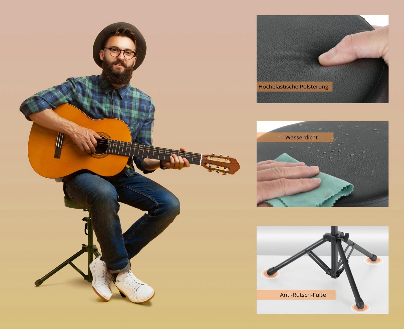 McGrey Sitzhocker KD-10 Hocker - Vielseitiger Musik- und Allzweckhocker, Höhenverstellbar von49 bis 68,5 cm, Runde, gepolsterte Sitzfläche – Bild 5 von 5
