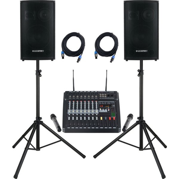 McGrey SL-12/3 Powermixer 800 3-Wege PA-Set mit Funkmikrofonen Lautsprechersystem (Funk, Infrarot, Bluetooth, 380 W, 3-Wege PA-Set mit Funkmikrofonen)