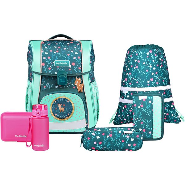 McNeill Schulranzen Bravo, inkl. Etui, Turnbeutel, (Set, 9-tlg., Schlamperrolle, Trinkflasche, Lunchbox, 2 Magnete & 1 Anhänger)