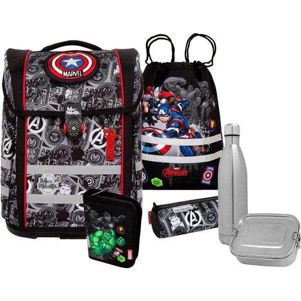 McNeill Schulranzen Perfecto, Marvel, Avengers (Set, 5-tlg), inkl. Federmäppchen, Turnbeutel, Schlamperrolle & Motivmagnet