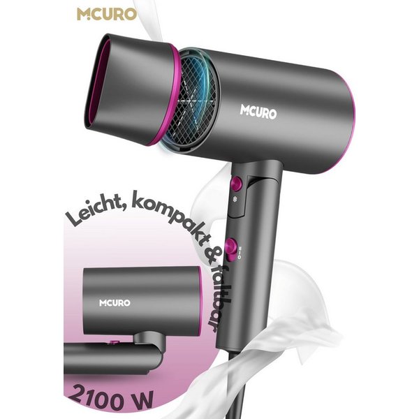 MCURO Haartrockner Leicht, kompakt & kraftvoll – der faltbare föhn für unterwegs, 2100 W, Hair Dryer, 2 Stufen + Kaltblitz Föhn mit Diffusor/Konzentratordüse