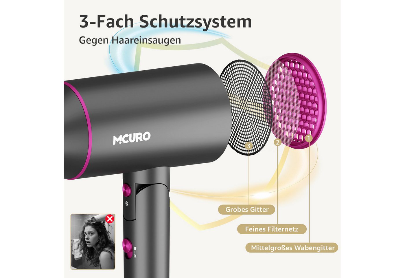 MCURO Haartrockner Leicht, kompakt & kraftvoll – der faltbare föhn für unterwegs, 2100 W, Hair Dryer, 2 Stufen + Kaltblitz Föhn mit Diffusor/Konzentratordüse – Bild 4 von 5