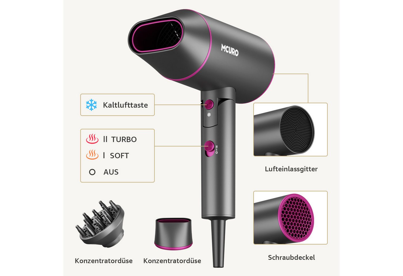 MCURO Haartrockner Leicht, kompakt & kraftvoll – der faltbare föhn für unterwegs, 2100 W, Hair Dryer, 2 Stufen + Kaltblitz Föhn mit Diffusor/Konzentratordüse – Bild 5 von 5