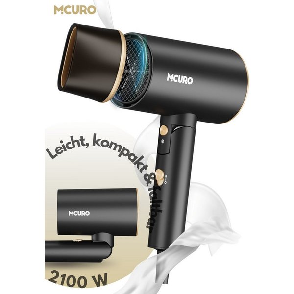 MCURO Haartrockner Leicht, kompakt & kraftvoll – der faltbare föhn für unterwegs, 2100 W, Hair Dryer, 2 Stufen + Kaltblitz Föhn mit Diffusor/Konzentratordüse