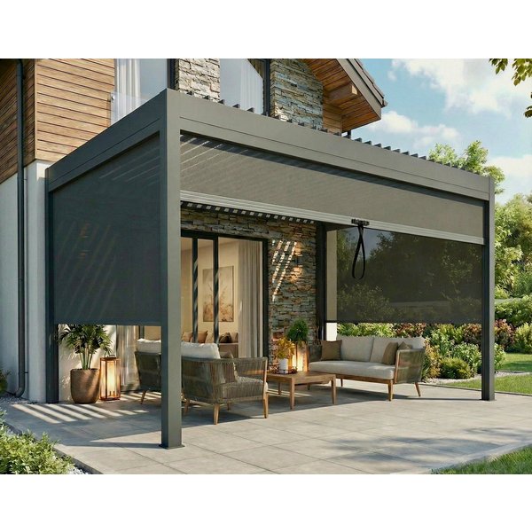 MCW Terrassendach Pergola 3x3m oder 3x4m Terassenvordach mit Rollos Lamellen anthrazit, Bedachung Lamellendach