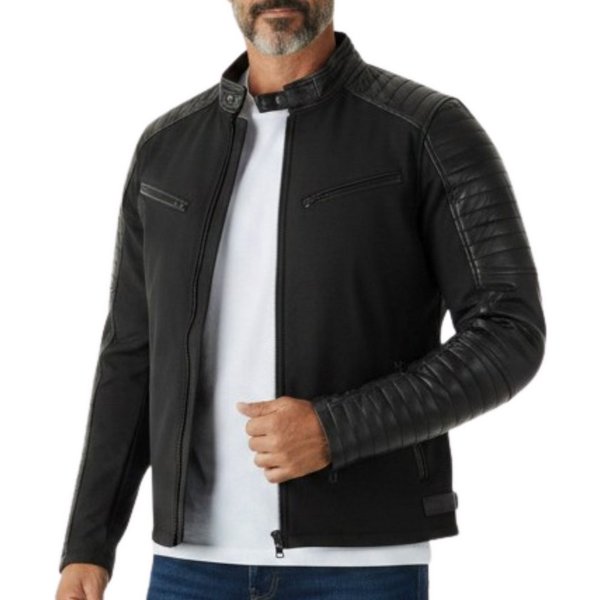 MDM Bikerjacke Herren Übergangsjacke Bikerjacke Schwarz Softshell Kunstleder Slim Fit (1x Bikerjacke für Herren) Biker Übergangsjacke mit Kunstlederdetails