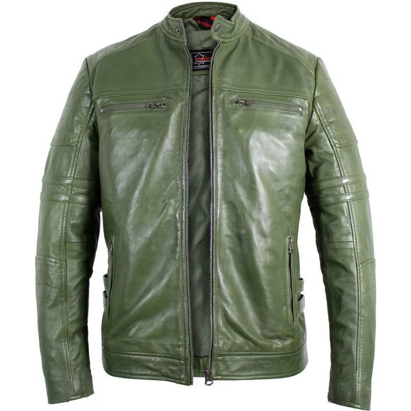 MDM Lederjacke Freizeit Herren Biker Echtleder Lamm Lederjacke In Grün Herren Echtleder Leder Jacke im Biker-Look
