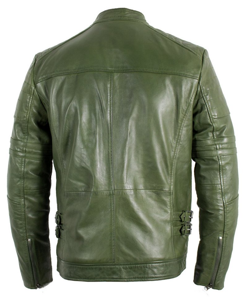 MDM Lederjacke Freizeit Herren Biker Echtleder Lamm Lederjacke In Grün Herren Echtleder Leder Jacke im Biker-Look – Bild 2 von 5
