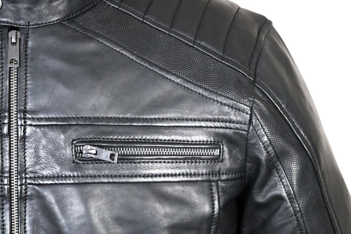 MDM Lederjacke Herren Lederjacke Schwarz Echtleder Bikerjacke Slim Fit mit gesteppten Schultern und Slim-Fit-Schnitt – Bild 3 von 5