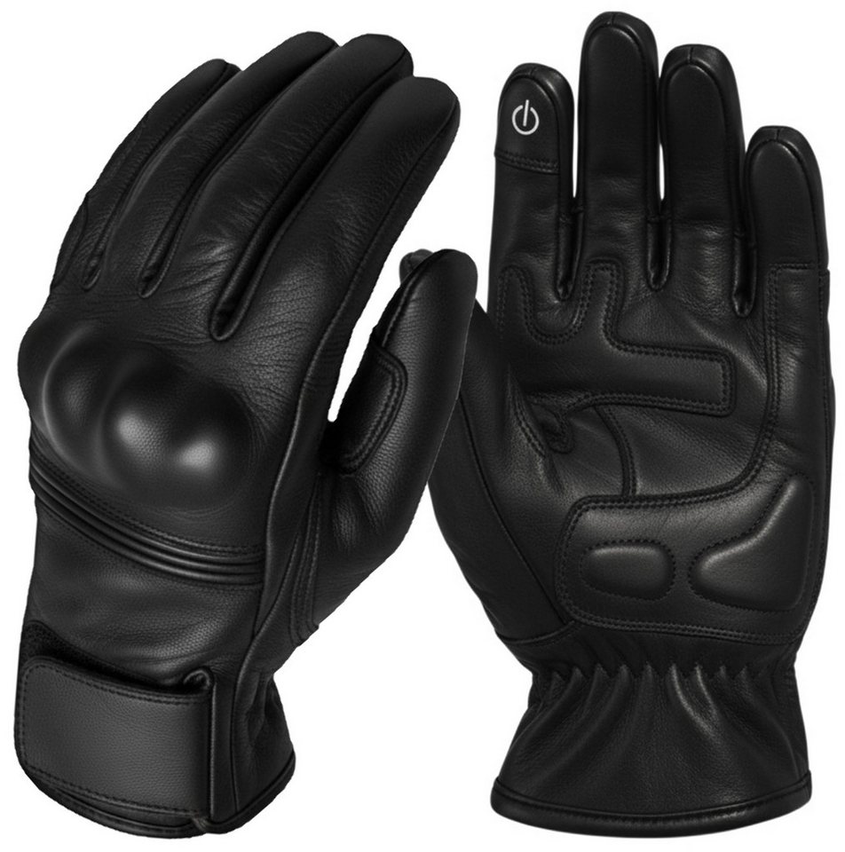 MDM Motorradhandschuhe Retro Motorrad Lederhandschuhe mit Knöchelschutz & Grip Polster Knöchelschutz mit Hartschale, Zeitloses Full-Black Design – Bild 2 von 5