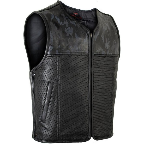 MDM Motorradweste Herren schwarz Camo Kutte mit perforierten Leder, Hunter Club Weste Kutte mit einem Black Camo Muster und Perforiertem Leder