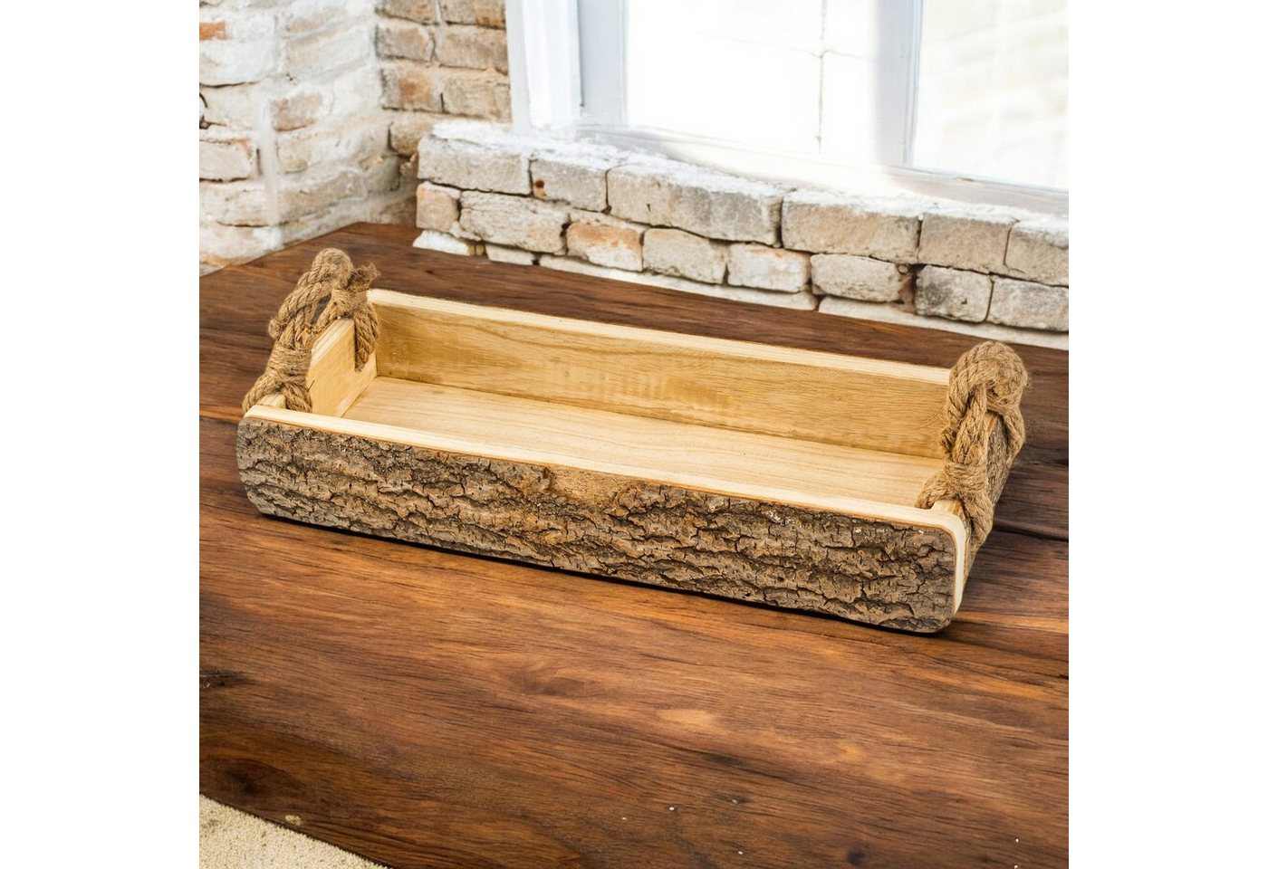 meberg Dekotablett Holztablett mit Rinde Dekotablett 41 cm Holz (Tischdekoration Kerzenteller Obstschale, rechteckig), mit Seil-Griffen Dekoschale Dekoration – Bild 2 von 5