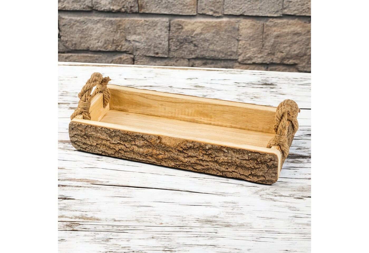 meberg Dekotablett Holztablett mit Rinde Dekotablett 41 cm Holz (Tischdekoration Kerzenteller Obstschale, rechteckig), mit Seil-Griffen Dekoschale Dekoration – Bild 3 von 5
