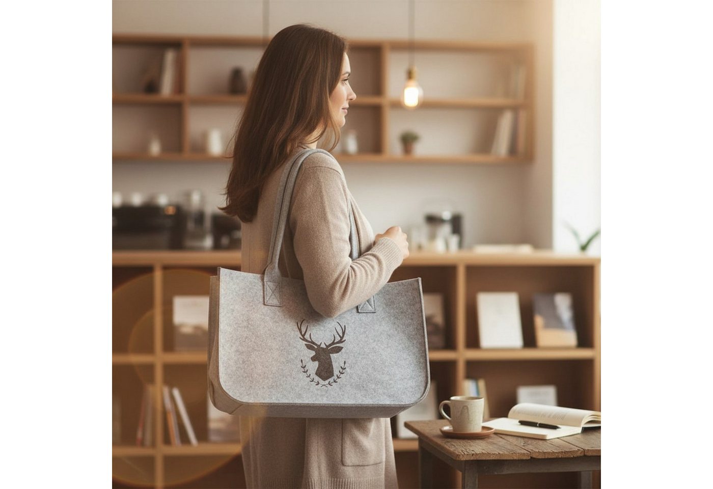 meberg Freizeittasche Filztasche Hirsch Hellgrau od. Dunkelgrau Damen groß (Shopper modern, 1-tlg., Aufbewahrungstasche Einkaufstasche), Tasche Filz Grau Hirsch – Bild 2 von 4