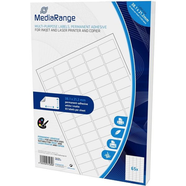 Mediarange Etikettenpapier 3250 Etiketten Label selbstklebend 38,1 x 21,2 mm auf 50 A4 Bogen