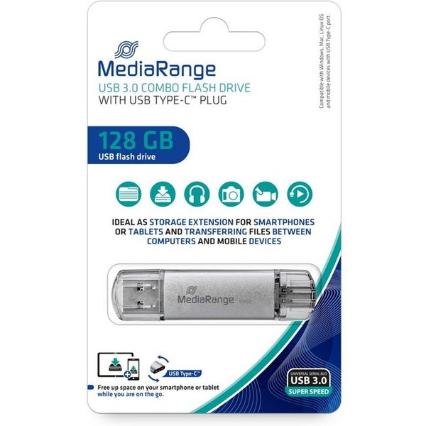 Mediarange Mediarange USB Stick 128GB Speicherstick Combo silber Typ C USB 3.0 USB-Stick