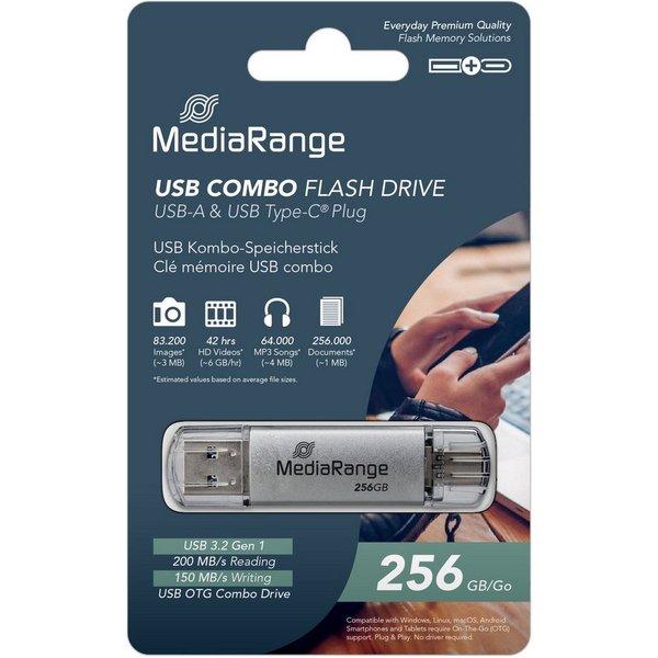 Mediarange USB Stick 256GB Speicherstick Combo silber USB 3.2 Gen 1 USB-A USB-C USB-Stick