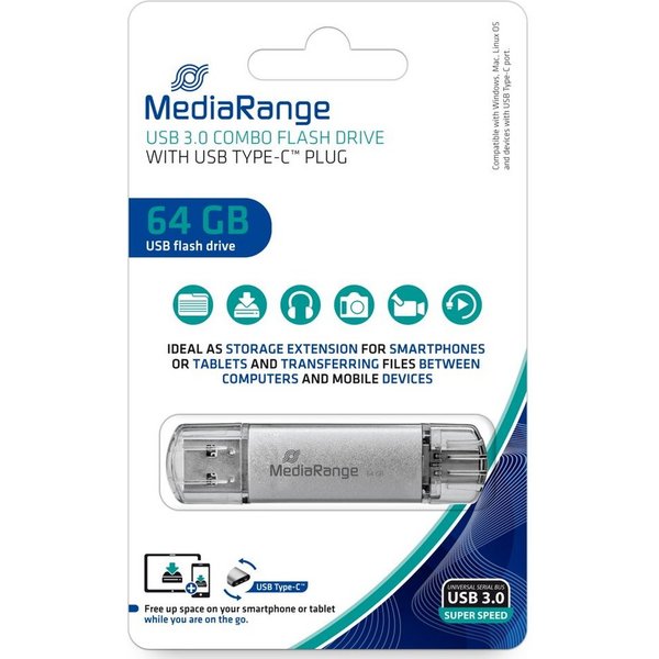 Mediarange Mediarange USB Stick 64GB Speicherstick Combo silber Typ C USB 3.0 USB-Stick