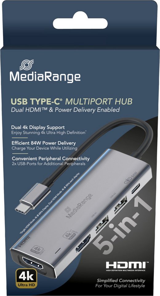 Mediarange USB TYP C Hub Multiport 5in1 2x USB, 2x HDMI USB TYP C Power Delivery USB-Ladegerät – Bild 2 von 2