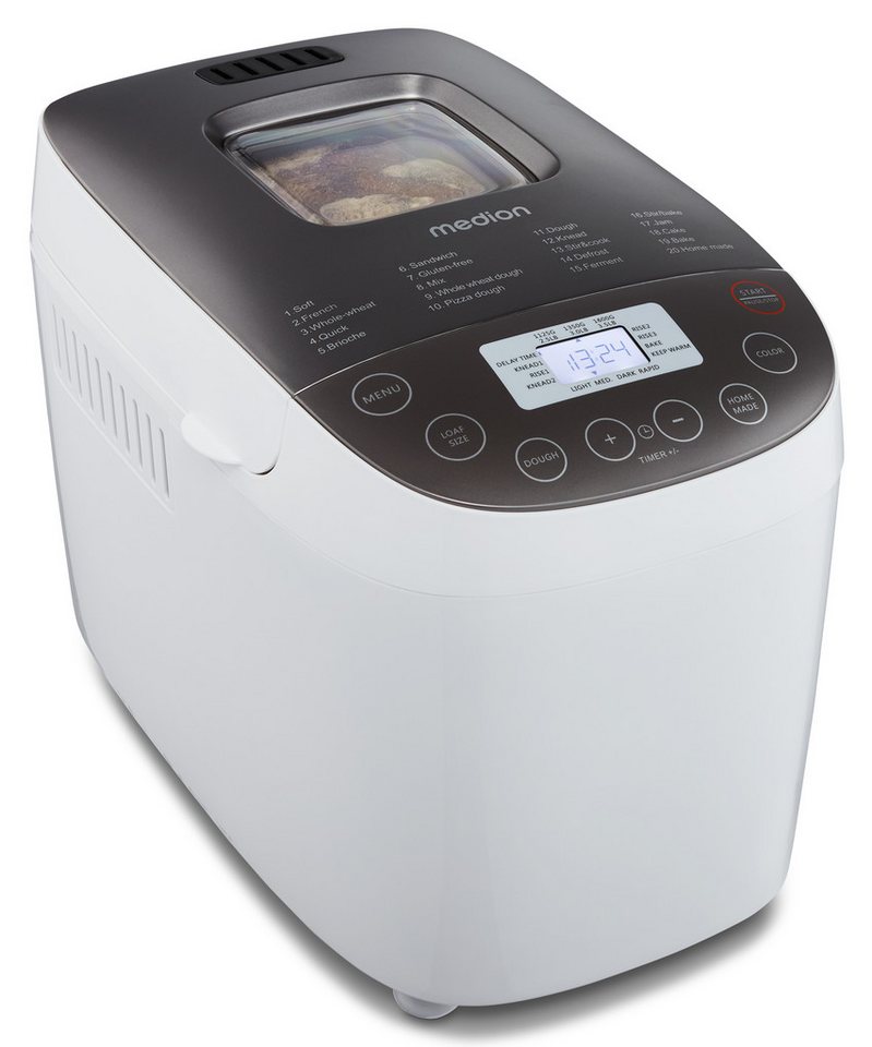 Medion® Brotbackautomat MD 12040, 20 Backprogramme, 3 Bräunungssufen, doppelter Knethaken, 20 Programme, 950 W, Bis zu 1600g Fassungsvermögen, Warmhaltefunktion – Bild 2 von 5