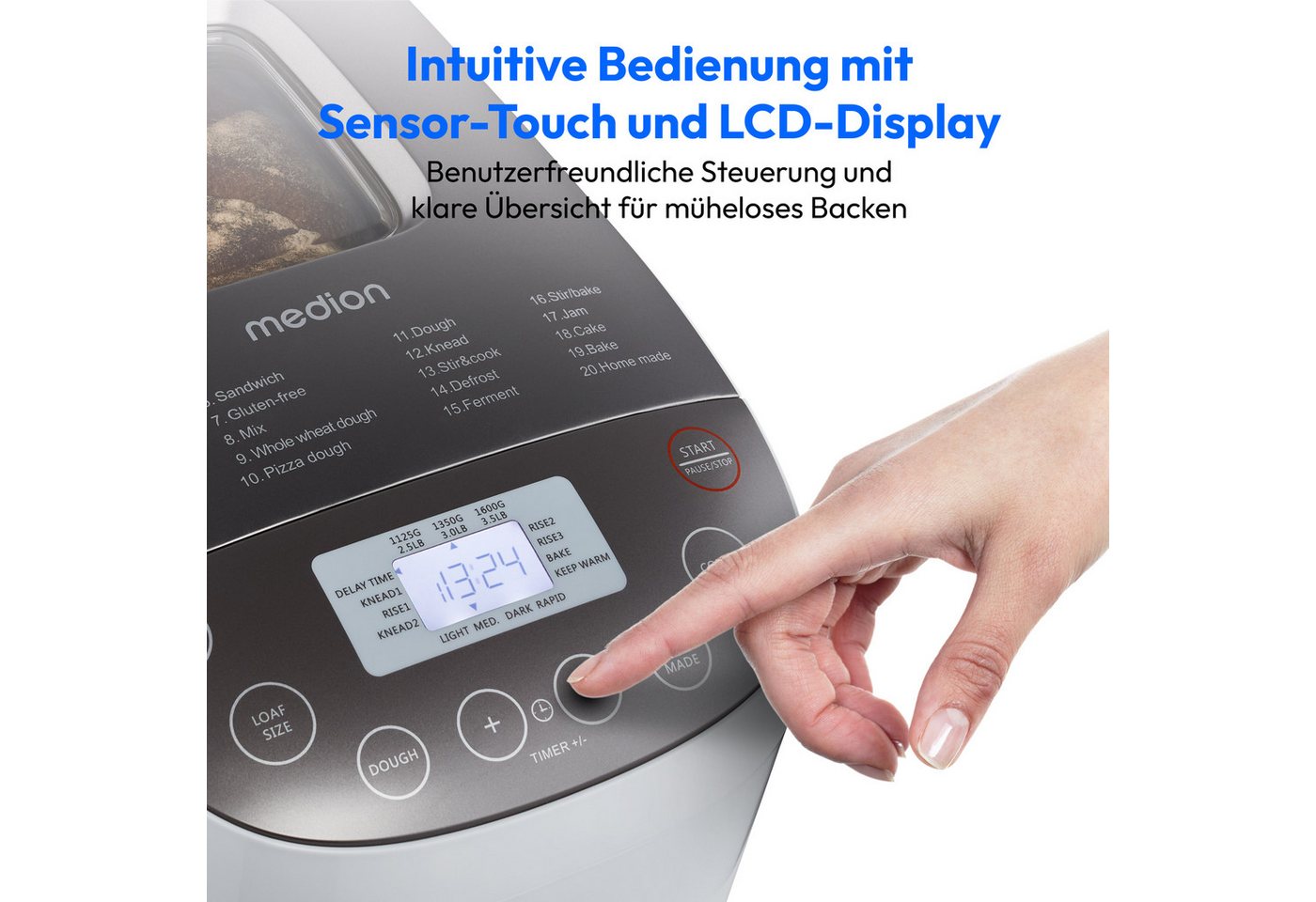Medion® Brotbackautomat MD 12040, 20 Backprogramme, 3 Bräunungssufen, doppelter Knethaken, 20 Programme, 950 W, Bis zu 1600g Fassungsvermögen, Warmhaltefunktion – Bild 5 von 5