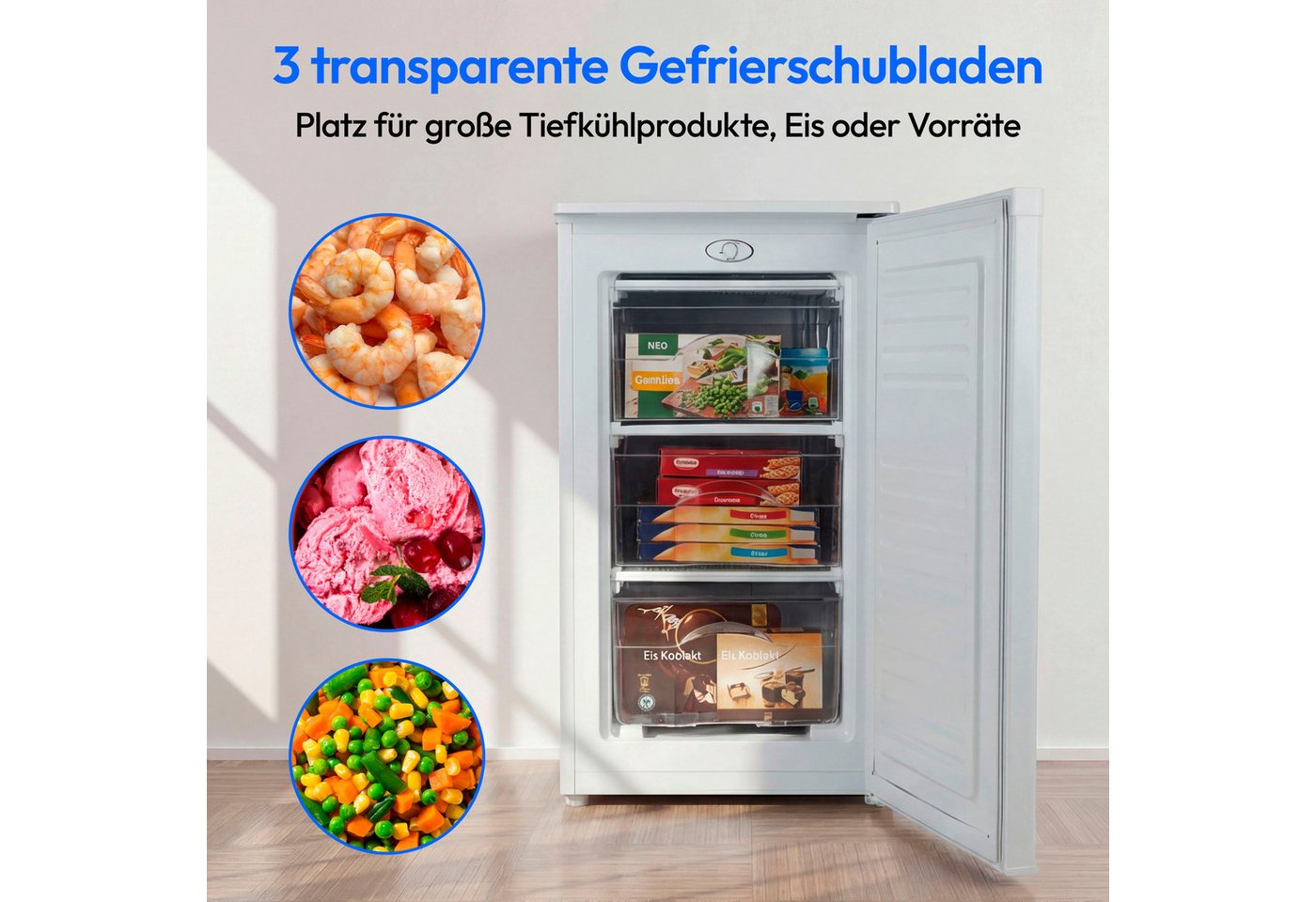 Medion® Gefrierschrank MD37688, 84 cm hoch, 48 cm breit, 64 Liter, 3 transparente Schubladen, Türanschlag wechselbar – Bild 5 von 5