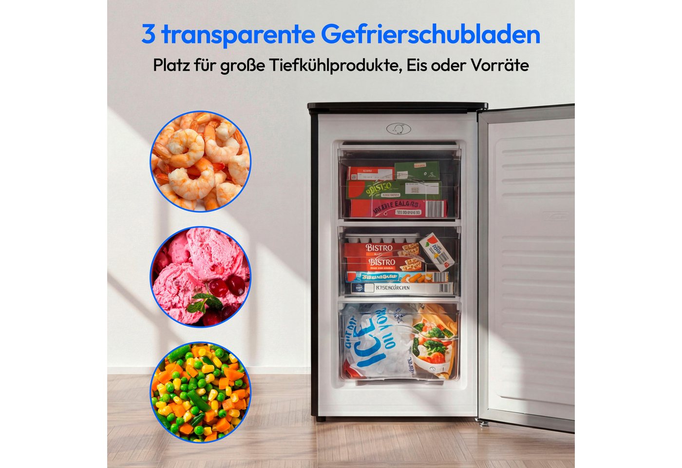 Medion® Gefrierschrank MD37688, 84 cm hoch, 48 cm breit, 64 Liter, 3 transparente Schubladen, Türanschlag wechselbar – Bild 5 von 5