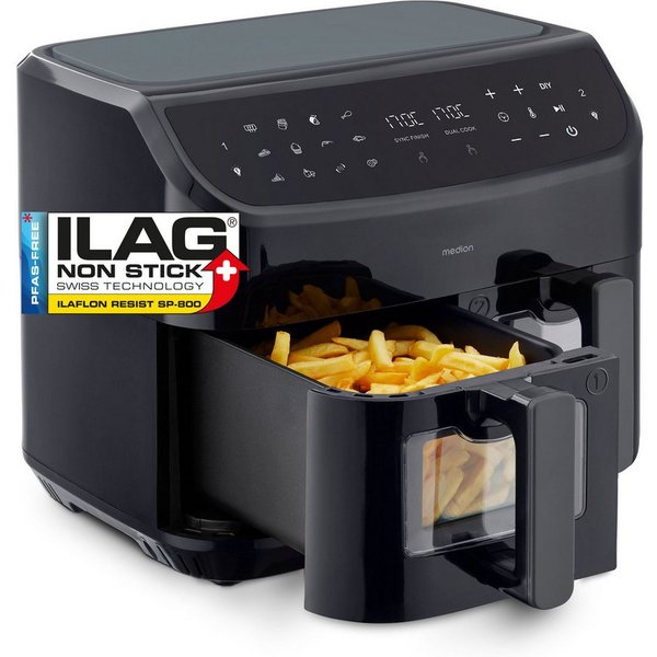 Medion® Heißluftfritteuse MD11760 P20 XXL, 2 separat gesteuerte Garkammern, Touch Display, 2400 W, Temperatur 50 - 200 °C, ILAG Beschichtung, Sync-Finish