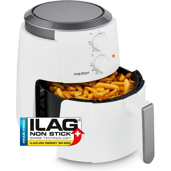 Medion® Heißluftfritteuse MD13020, 1500 W, 4,7 Liter, 60 Min Timer, bis 200°C, Antihaft-Beschichtung, schwarz