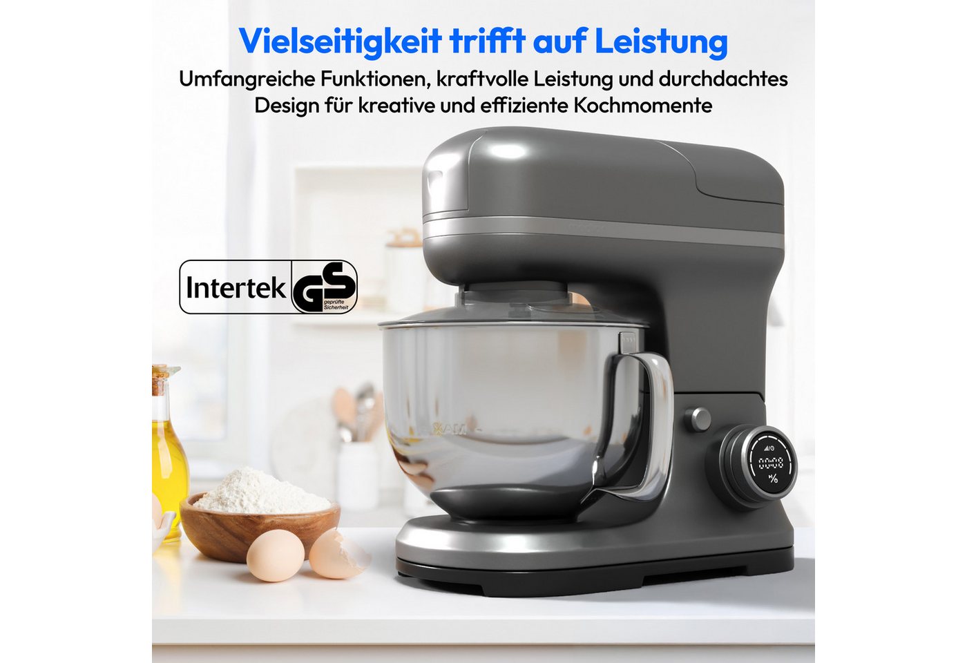 Medion® Küchenmaschine MD 18430, 1200 W, 5 l Schüssel, Mit umfangreichem Zubehör-Set, Mixeraufsatz, Fleischwolf-Aufsatz – Bild 2 von 5
