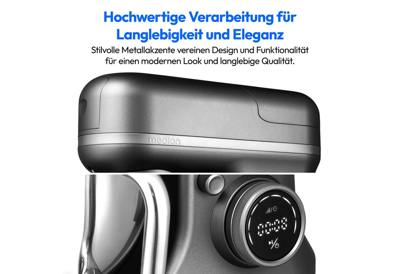 Medion® Küchenmaschine MD 18430, 1200 W, 5 l Schüssel, Mit umfangreichem Zubehör-Set, Mixeraufsatz, Fleischwolf-Aufsatz – Bild 4 von 5