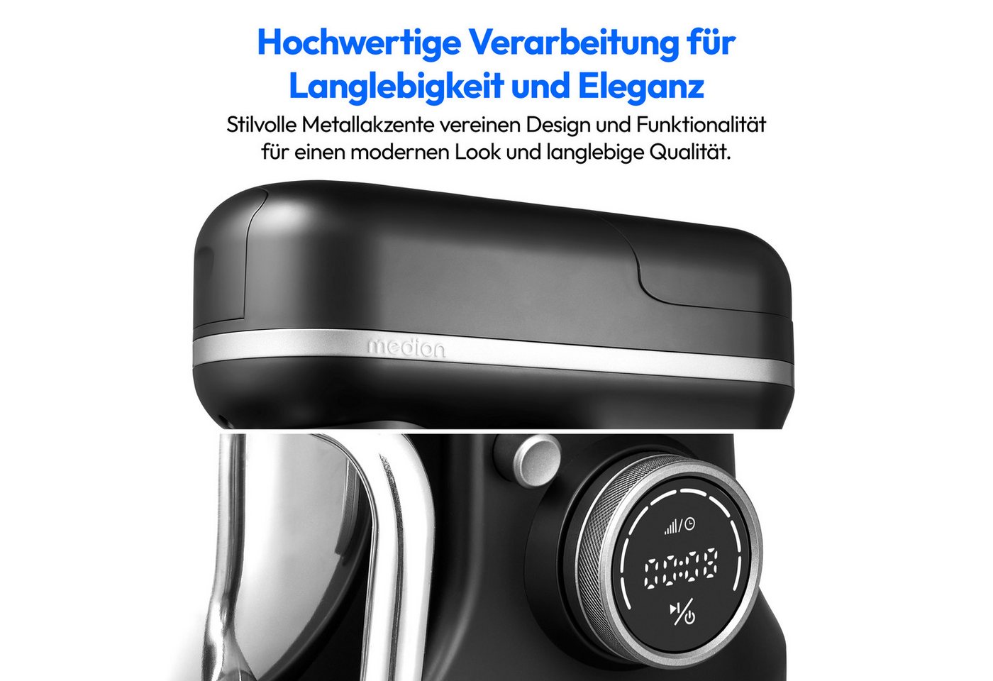 Medion® Küchenmaschine MD 18430, 1200 W, 5 l Schüssel, Mit umfangreichem Zubehör-Set, Mixeraufsatz, Fleischwolf-Aufsatz – Bild 4 von 5