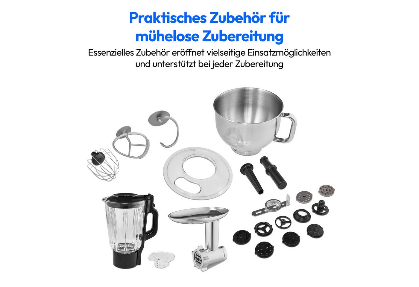 Medion® Küchenmaschine MD 18430, 1200 W, 5 l Schüssel, Mit umfangreichem Zubehör-Set, Mixeraufsatz, Fleischwolf-Aufsatz – Bild 5 von 5