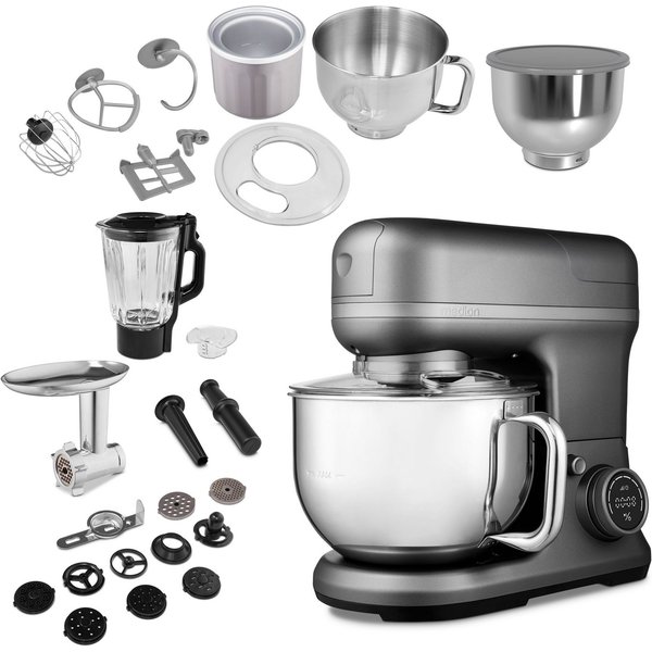 Medion® Küchenmaschine MD 18442 8 Geschwindigkeitsstufen, titan, 1200 W, 5 l Schüssel, Umfangreiches Zubehör-Set inkl. Eisschüssel für Speiseeiszubereitung